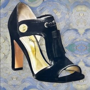 COACH Tristen Black Nubuck Leather Open Toe Heels